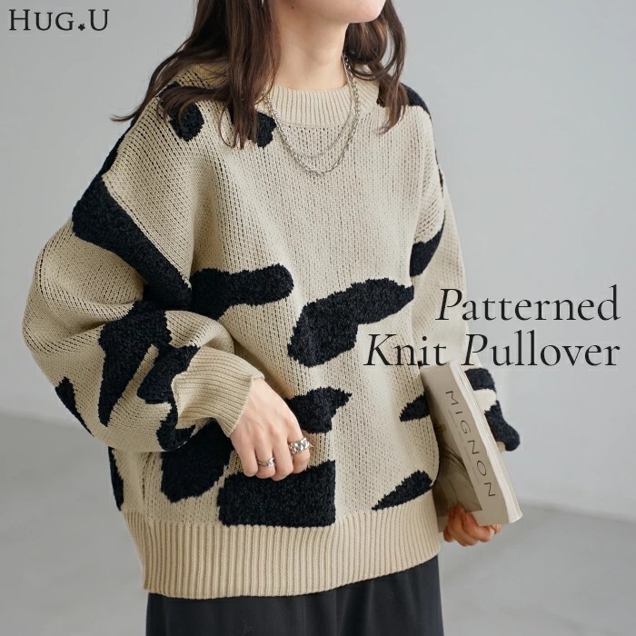 ニット ロング デザインレディース トップス チュニック 長袖 アート モールニット プルオーバー クルーネック リブ 配色 配色ニット 総柄 ドロップショルダー チクチクしない 大きいサイズ 体型カ