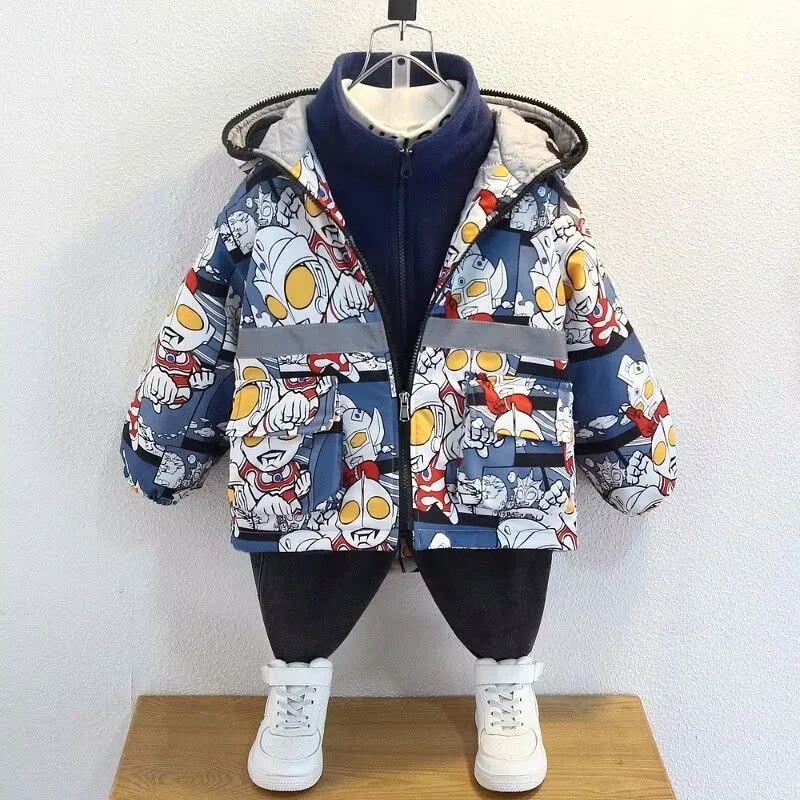 短機関服男子三合一春と秋の新型ベルベットコート児童秋冬服厚い上着ウルトラマン服