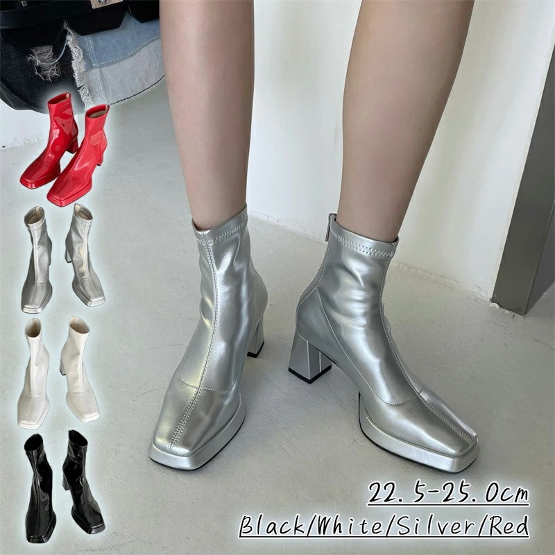 ブーツ ショート 美脚 太ヒール 歩きやすい エナメル スクエアトゥ PUレザー 革 黒 靴 ハイヒール シューズ レディース 厚底 黒 白 赤 シルバー ジッパー付きレザー オシャレ 個性的 兼用