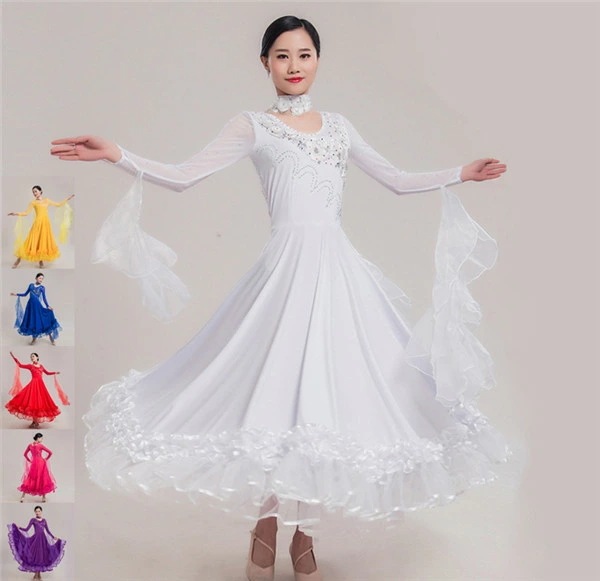 社交ダンス ドレス 社交ダンス衣装 ワンピース 長袖 モダン 広がる裾 競技着 練習服 演出用 スタンダード 赤 黄 白 紫 ブルー 青 ローズ ワルツダンス服 s m l xl 2xl 3xl dm