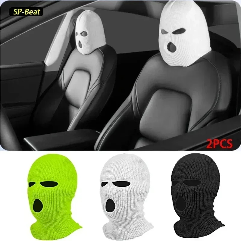 マスク人物カーシートカバーニットヘッドギアハロウィーンのヘッドレスト盗難防止装飾警告アクセサリー2個