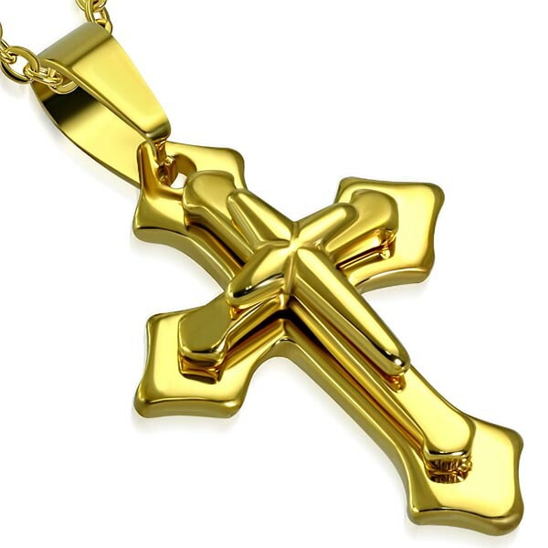 トリンプルクロスステンレスペンダントトップ ゴールド 金色 十字架 ロザリオ 男性 女性 首飾り