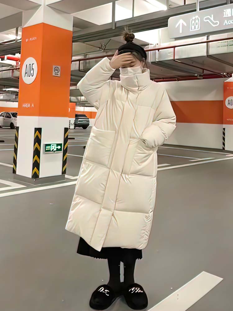 オフシーズン新しい膝上の女性用白ミッドレングスダウンジャケット韓国風厚みのあるスタンドカラーホワイトダックダウン暖かい冬コート