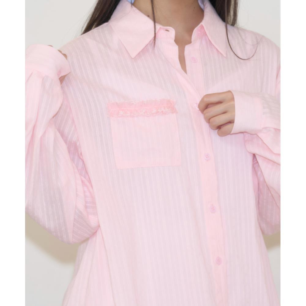 Lace Pocket Ov 無地 長袖 ボタン ポケット シャツ・ブラウス [ピンク