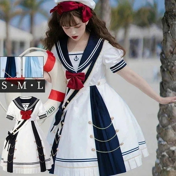 ワンピース レディース ロリータワンピース 甘ロリ ロリィタ Aライン 半袖 リボン プリーツ マリン セーラー服 セーラー クリスマス ワンピ パフスリーブ セーラーカラー 衣装 かわいい ハロウィ
