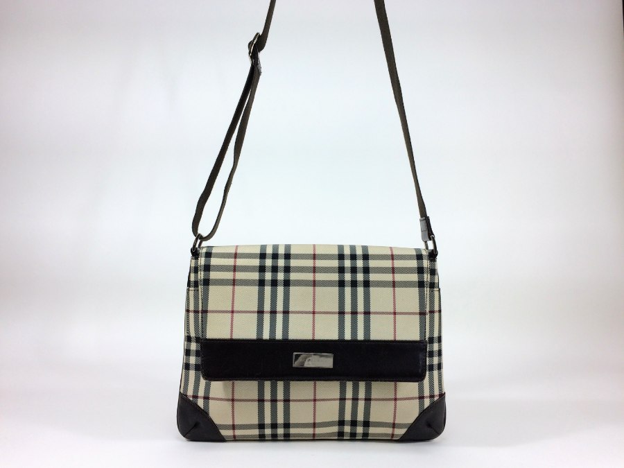 ショルダーバッグ キャンバスｘレザー チェック 中古品