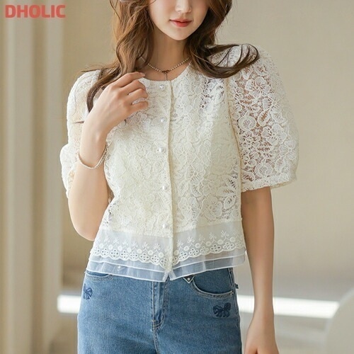 [メガ割りSALE]フラワーレースシースルー半袖ブラウス