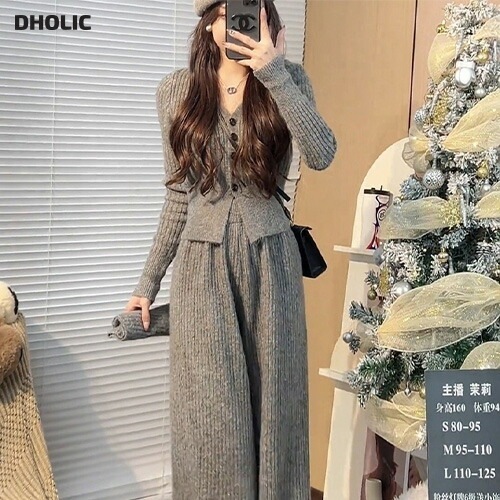 [メガ割りSALE]スリットVネックリブニットカーディガン&ワイドパンツSET