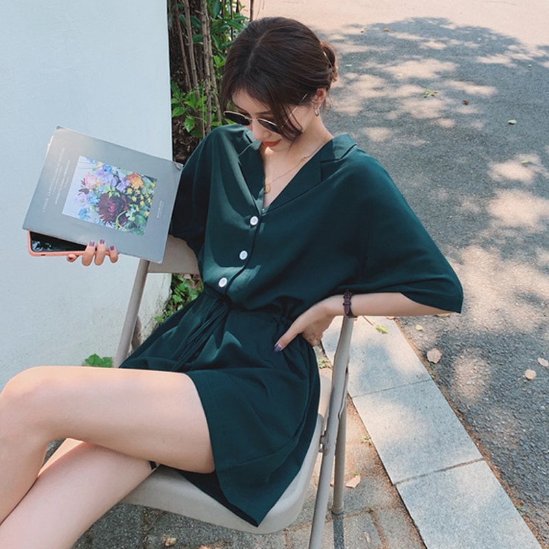 ワンピース シャツ ショート丈 袖あり 長袖 襟付き ウエストリボン ハイウエスト 薄手 2XL グリーン レッド 主役級 存在感 個性的 無地 春 夏 お出かけ デートレディース 10代 20代