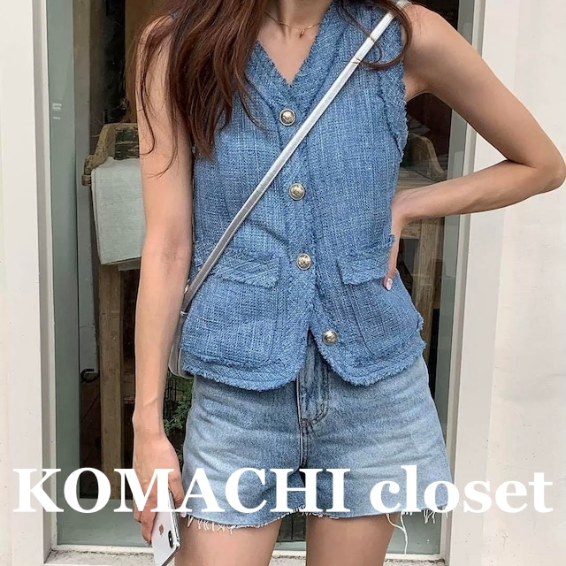 ツイードジレ ツイードベスト ツイードジャケット ツイード ジレ ジャケット ベスト フリンジ Vネック 青 ブルー 白 ホワイト オルチャン 韓国 レディース Vネックベスト Vネック タッセル