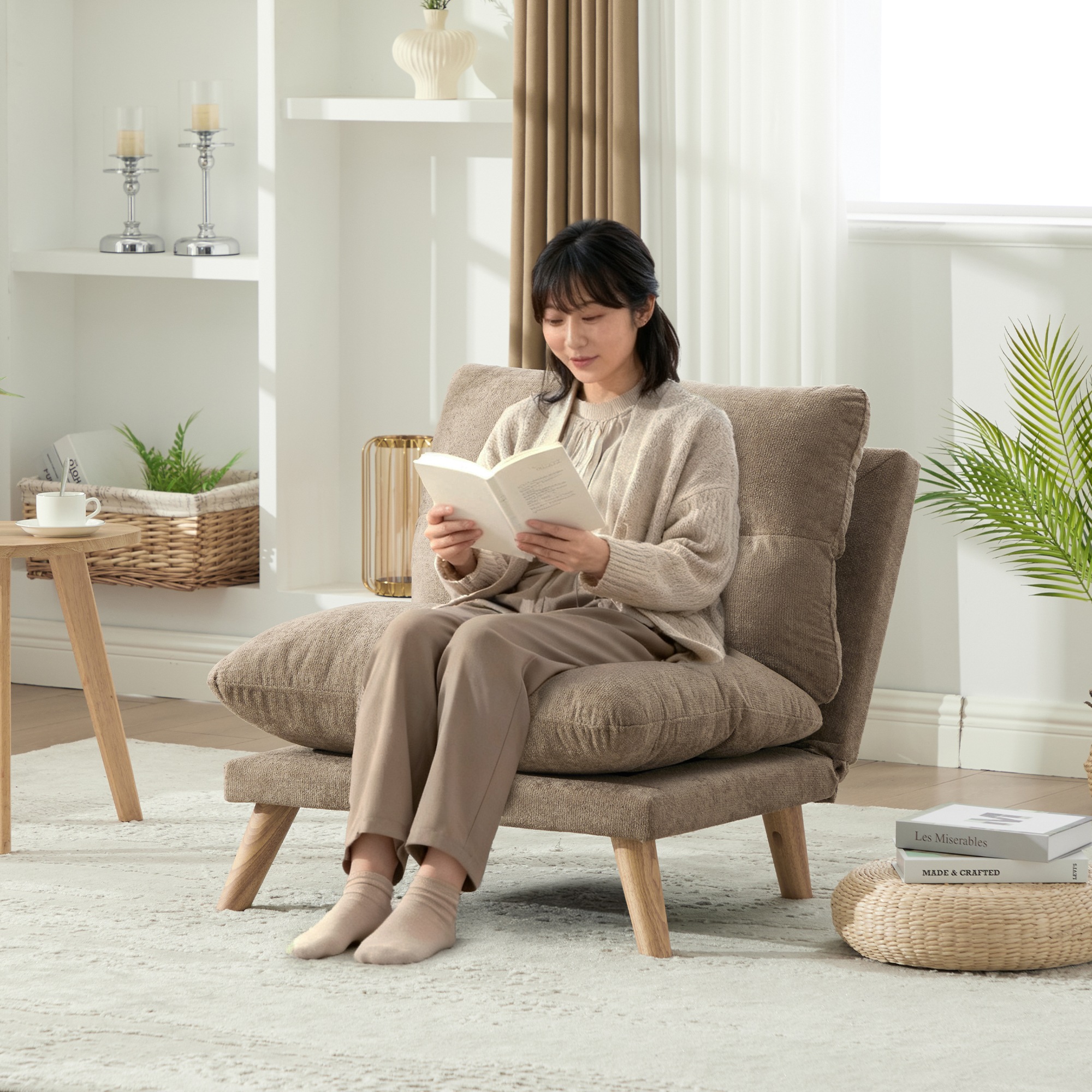 【国内発送 無-送料】610一人掛け ソファ 座椅子 リクライニング 折りたたみ コンパクト 幅68cm 低反発 メモリーフォーム ふわふわ シェニール生地 無垢材フレーム 90160角度調節