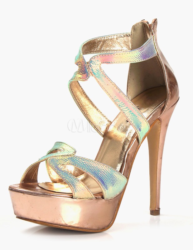 オープントゥPUレザージッパースネークプリントプラットフォームサンダル