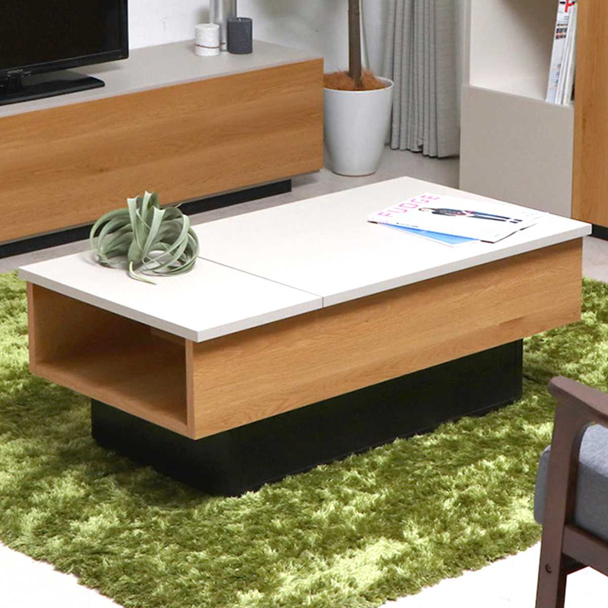 センターテーブル 幅105cm 天板昇降 ストール リビングテーブル 昇降式 ロー テーブル リフトテーブル 収納付き 日本製 テレワーク パソコン 白 木目調 大容量 引き出し