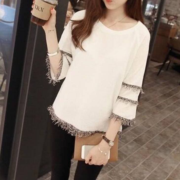 カットソー トップス Tシャツ 白 七分袖 L 即納 春 夏 レディース フリンジ ラグランスリーブ 無地 pl4496 春服 ホワイト 服 服装