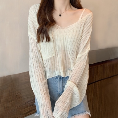 透かし編み ゆったりサイズ 透け感 サマーニット ニットソー ミディアム丈 レギュラー丈 長袖 ボリューム袖 Vネック ワイド ガウチョ レース 刺繍 シフォン ポケット リブ 編み込み シースルー 5,702円