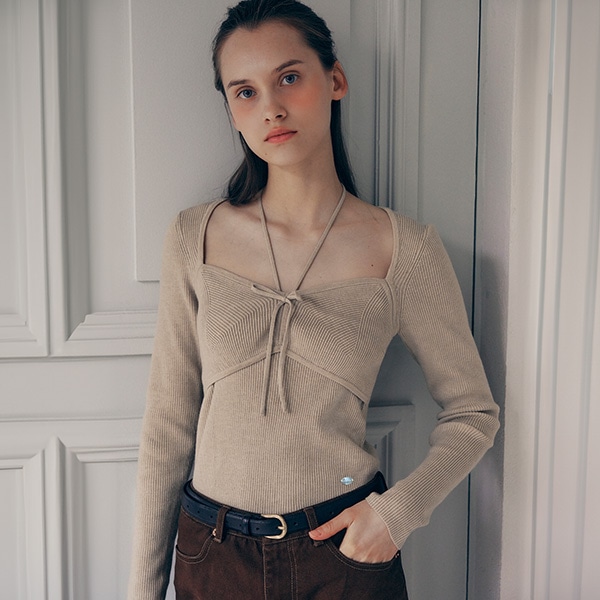 RIBBON HALTER KNIT DEEP BEIGE