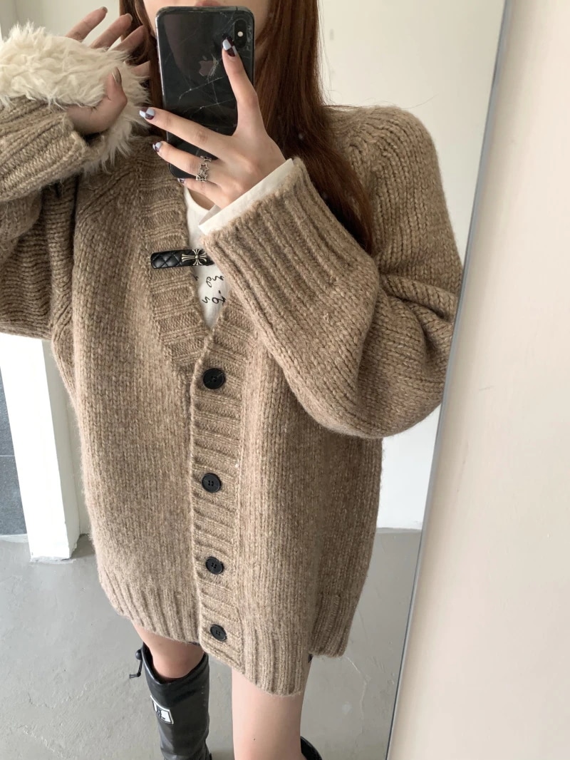 秋冬レイジースタイルセータージャケットレディースvネックミドル丈ゆったりスリムニットカーディガン高級トレンドトップス