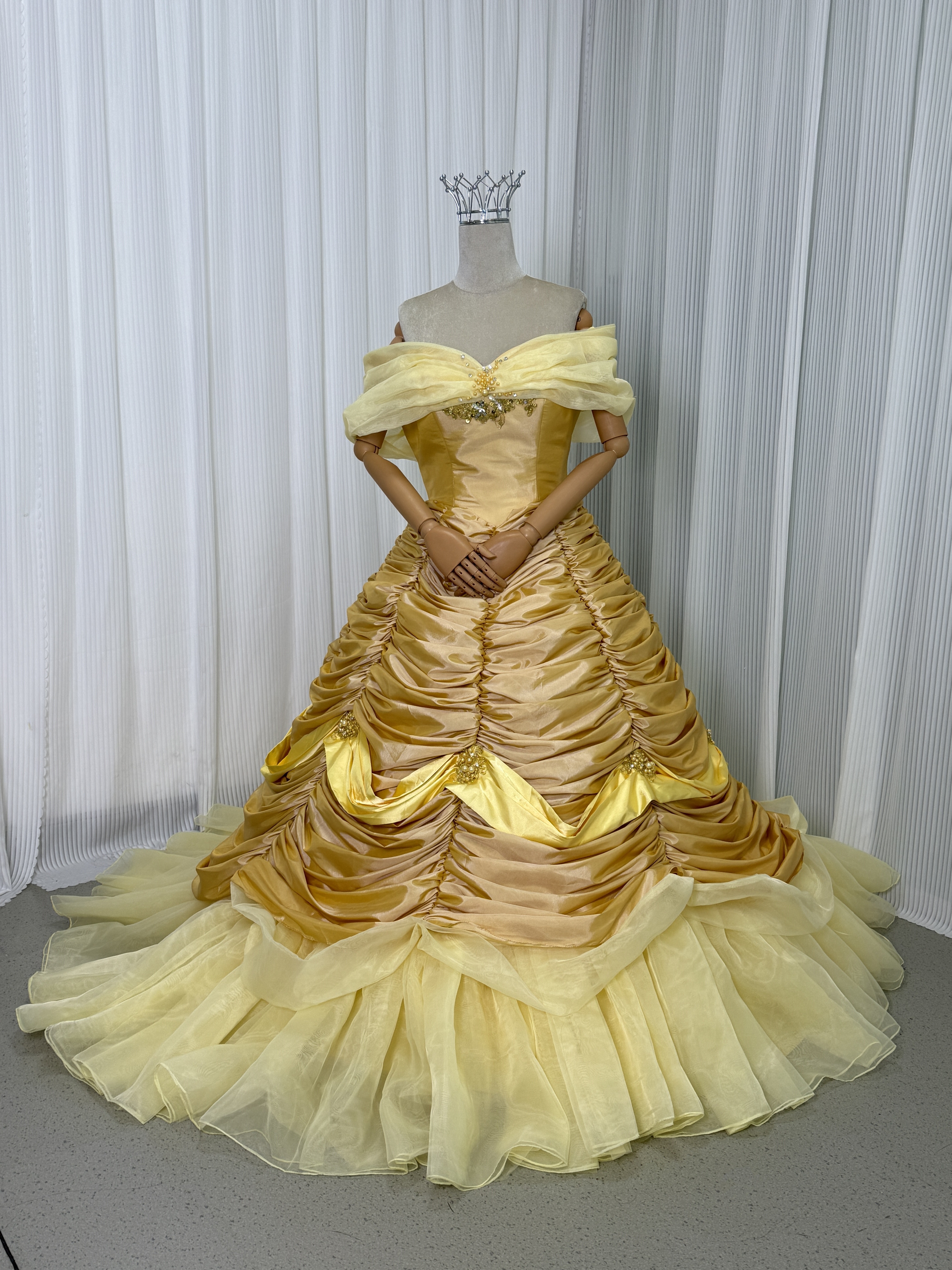 クラシカル カラードレス イエロー オフショルダー ビジュー ラッフルフリル 前撮り