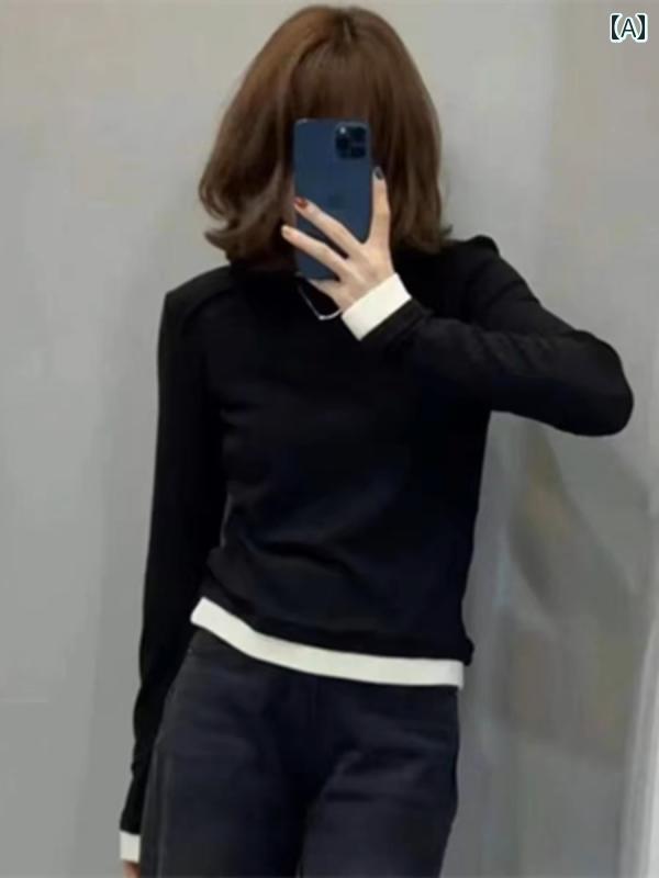 韓国 秋冬 ステッチ コントラスト フェイクセットアップ 重ね着風 Tシャツ 起毛 インナー レイヤリング トップス