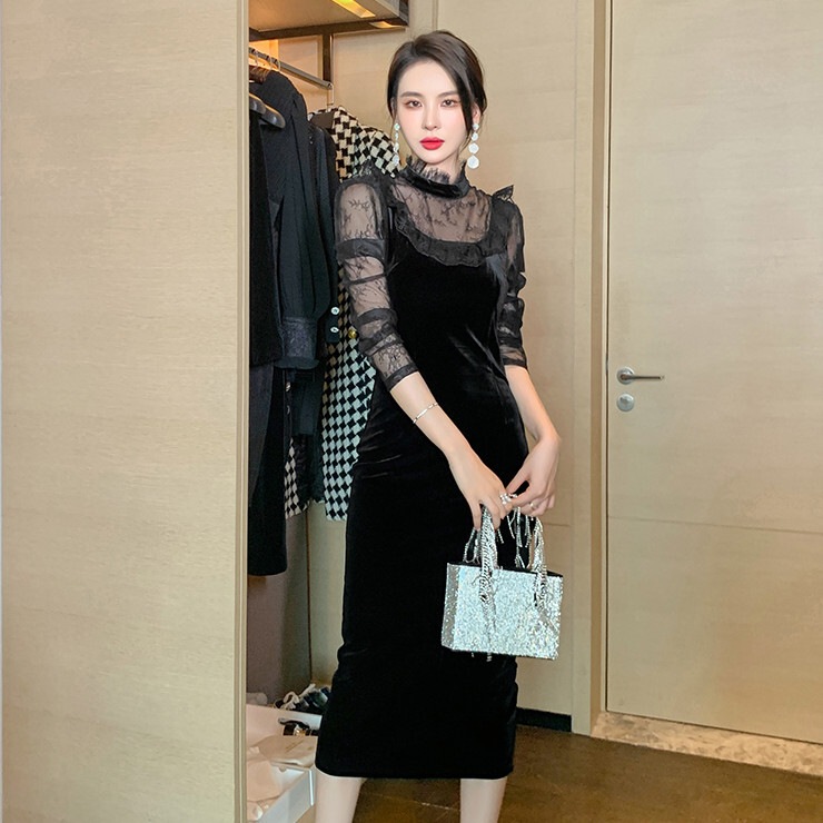 ドレス レディース ワンピース スカート タイトスカート ワンピドレス 膝下 ミディアム丈 長袖 襟なし スリム タイト 細身 Iライン スリット ハイウエスト 透け感 シースルー 薄手 かわいい