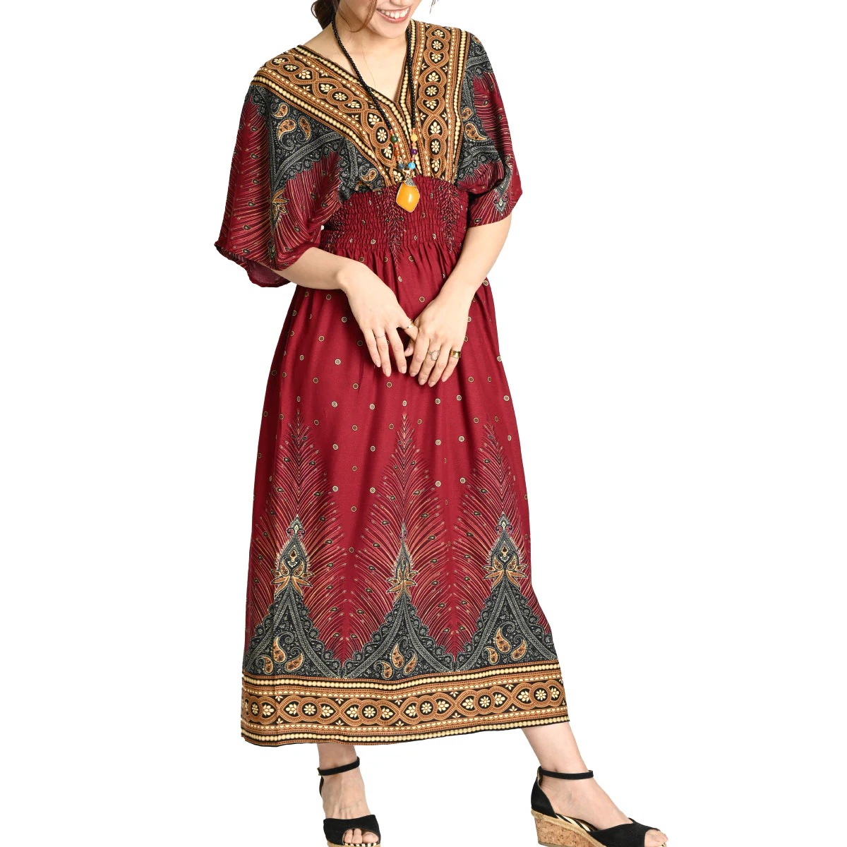 ワンピース 春 夏 秋 レディース 半袖 ロング マキシ丈 シャーリング ワンピ ピーコック 孔雀 ペイズリー 柄 総柄 ロングワンピース マキシワンピース 柄ワンピース 総柄ワンピース フレアワンピ