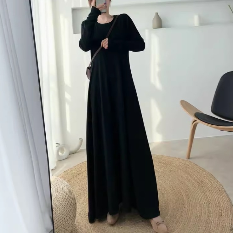 レディース スカート ワンピース ニット セーター プルオーバー ドレス ニットワンピ ニットスカート ロングスカート ロング マキシ 長袖 襟なし ノーカラー ワイド Aライン 裾ワイド 伸縮性