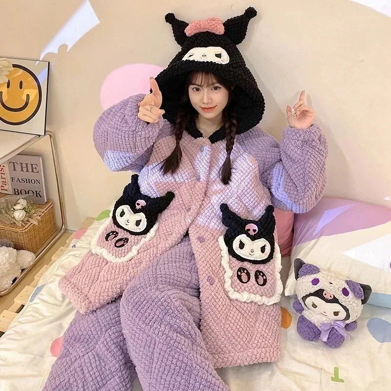 パジャマ着【3日送信】レディースパジャマ冬コーラルベルベット三層キルトシーズン暖かくてかわいい女の子フランネルフード付きホームウェアセットアニメコミック『目玉新商品』