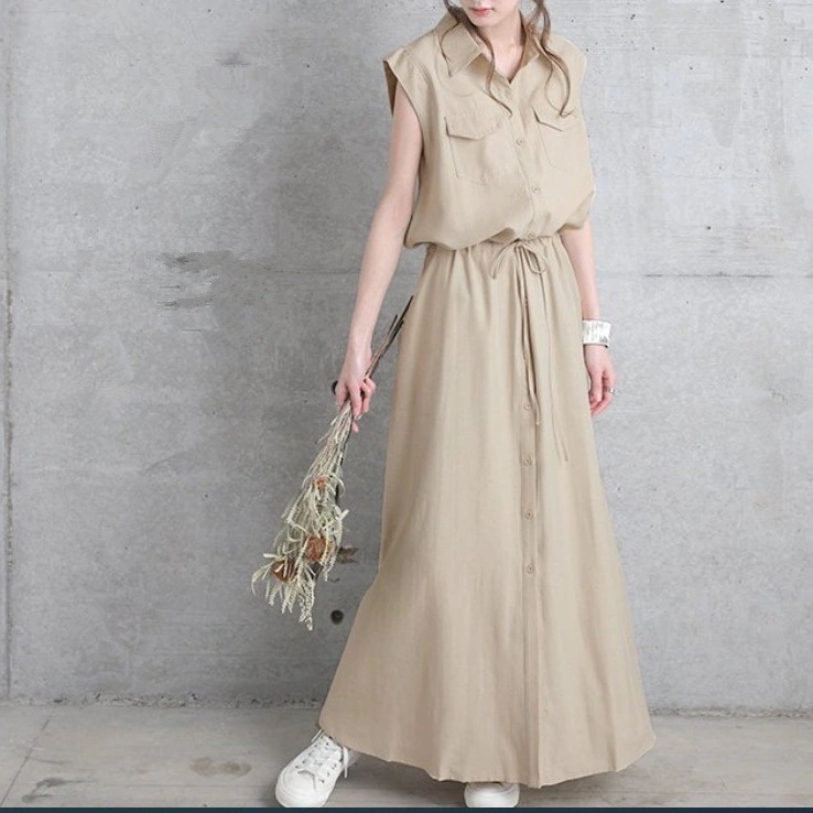 夏/作/ノースリーブ/ポケット飾/ミッドレングス/カジュアル/ラペル/ワンピース/シャツドレスカップ付きインナー