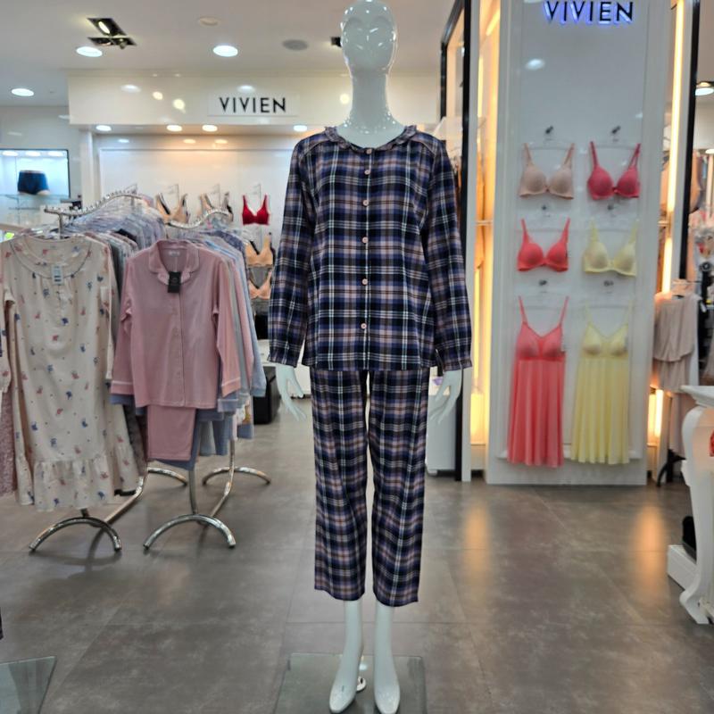 チェック 綿混紡 弱起毛 女性 長袖パジャマ WP8870R
