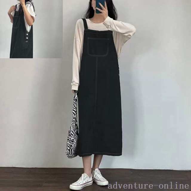 【2025新作入荷】新作春秋 レディース ジャンパースカート ジャンスカ デニム ダークインディゴ ブラック系 インディゴ すっきり すらっとライン Aライン