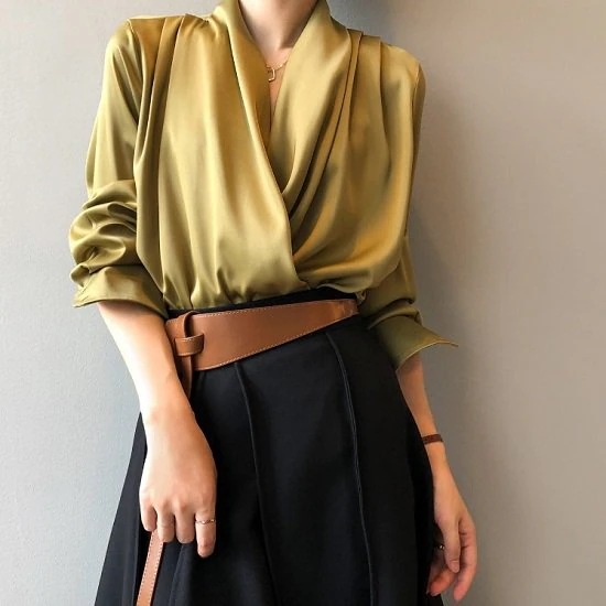 ブラウス レディース ショート丈 カシュクールブラウス ドレープ Vネック ブラウス レディース 長袖 カシュクール ブラウス レディース ショート丈 カシュクールブラウス
