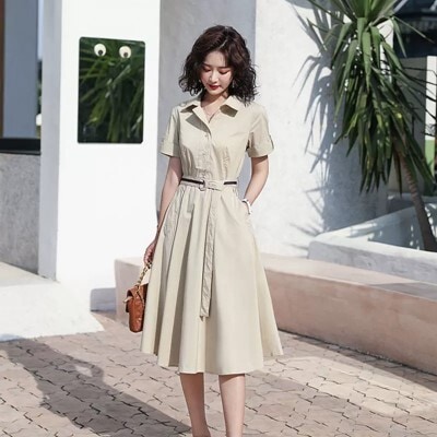 ワンピース シャツワンピース ミモレ丈 袖あり 半袖 Vネック 襟付き フレア Aライン ベルト かわいい 可愛い きれいめ シンプル カジュアル 上品 おしゃれ かっこいい 可愛い