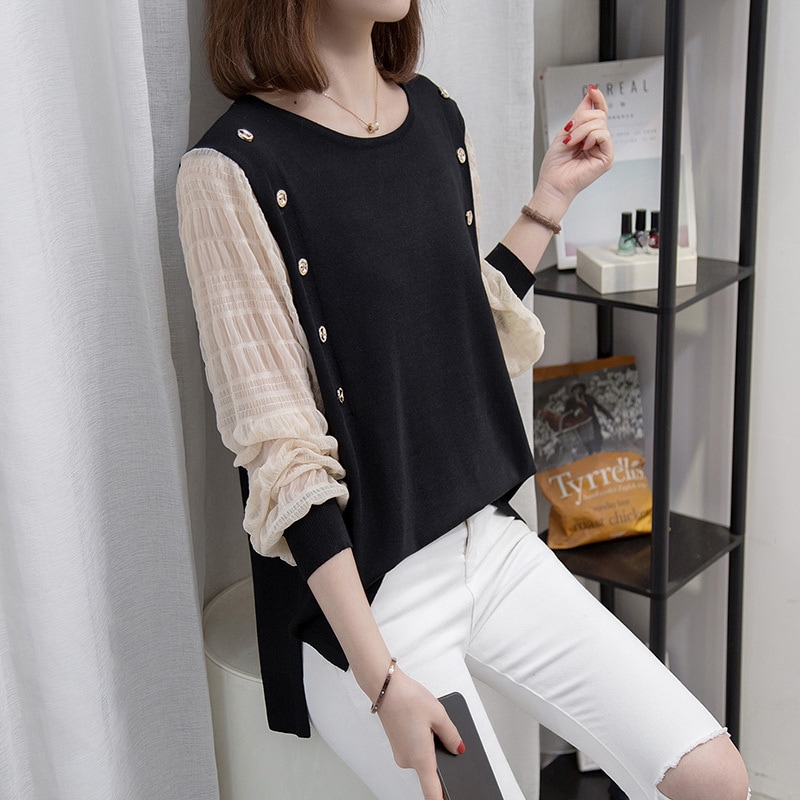 トップス カットソー ニットソー プルオーバー 長袖 ラウンドネック スリット サイドスリット 切り替えデザイン ドッキング 透け感 かわいい 大人可愛い きれいめ シンプル カジュアル おしゃれ