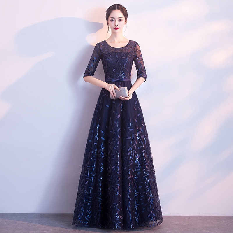 超特価カラードレス ファスナー パーティードレス フォーマルドレス ロングドレス 5分袖 結婚式 二次会 発表会 ラウンドネック ネイビー ワインレッド ブラック 大人 ゲストドレス ウェディングドレ