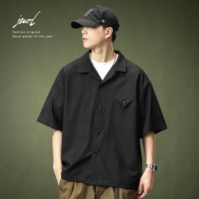 ポロシャツ メンズ アメリカン キューバンカラー 黒 半袖 シャツ 男性用 レトロ サマー カジュアル 冷感 吸湿性 通気性 ブラック