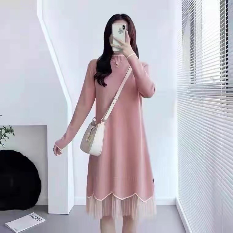 【送料無料】マタニティ ニット ワンピース 裾プリーツ シースルー 長袖 パール飾り