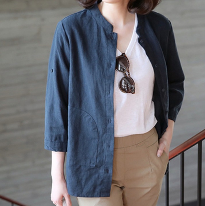 トップス デート シャツ カットソー かわいい 大人可愛い きれいめ シンプル カジュアル 大人 スタンドカラー 7分袖 羽織 春夏 無地 ブルー 楽ちん 3XL 4XL 韓国 休日 コーデ 2XL