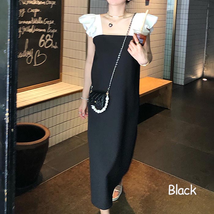 【急速出荷!】ワンピース ロング丈 レディース フリル 袖 ノースリーブ 白 黒 ブラック ホワイト おしゃれ きれいめ 夏ワンピ リゾート キュート 夏 二の腕隠し 大人可愛い