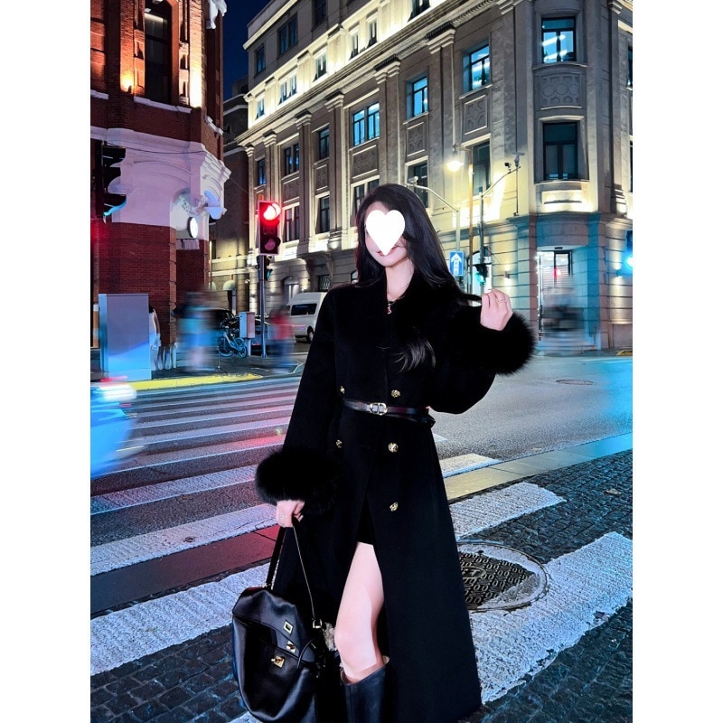 【ベルト付き】キルティング裏地着痩せデザインのプレミアムダブルブレストフォックスファーコート