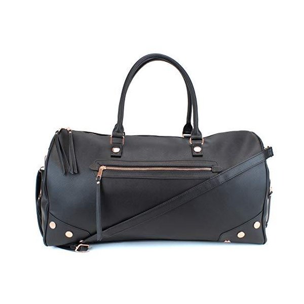 Women s Studded Large PU Leather Weekender Duffel Bag with Rose Gold Hardware and Satin Interior - B