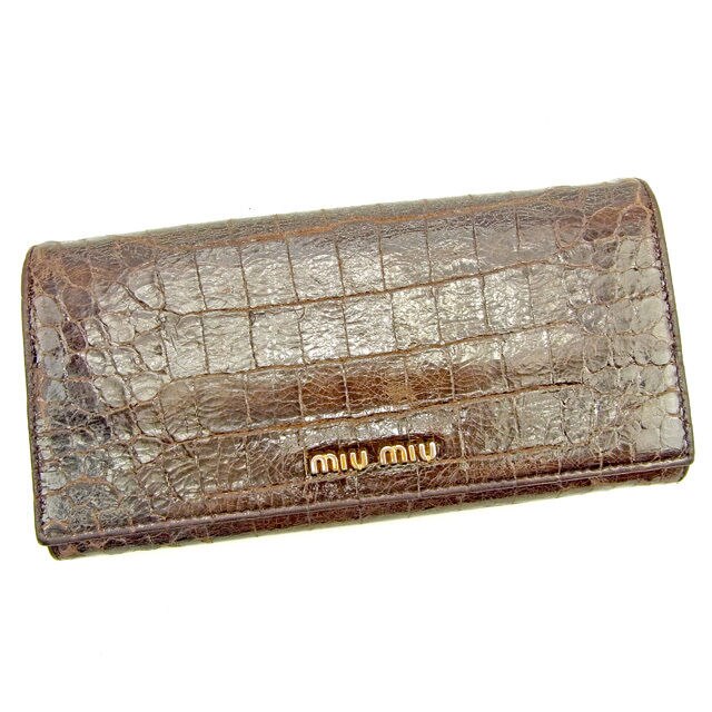 長財布 ファスナー付き長財布 クロコダイル調 ダークブラウン ゴールド 中古