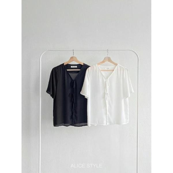 ブラウス レディース 上品 Vネック リボン飾り 半袖 無地 30代 40代 ファッション 高級感 高品質 春夏秋物 新作 黒 白