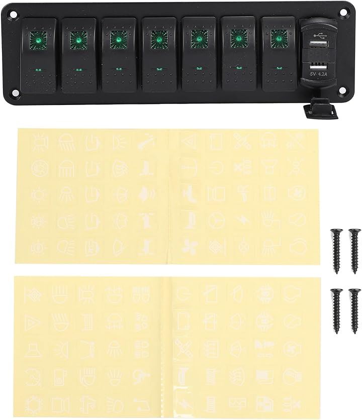 スイッチ パネル 防水 ボートスイッチ スイッチパネル 船 車 LED電圧計 USBソケット DC12-24V(7連)