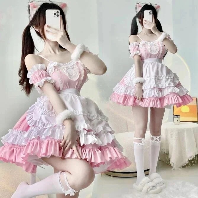 2025新定番登場メイド服 コスチューム ロリータ セクシージャンパースカート メイド ロリータ ワンピース 可愛い 裾フリル 袖飾り ネックレス 髪飾り付き 膝丈 ショート丈 ハロウィン コスプレ