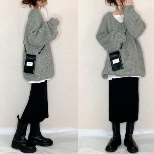 【冬まで新作最安值】 Vネック無地セーター＋ストレートスカートワンピースセット