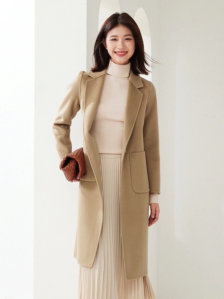 秋冬両面ウールコート女性長い高級ツイードジャケットスリムカシミア両面ツイードスーツ襟作業着