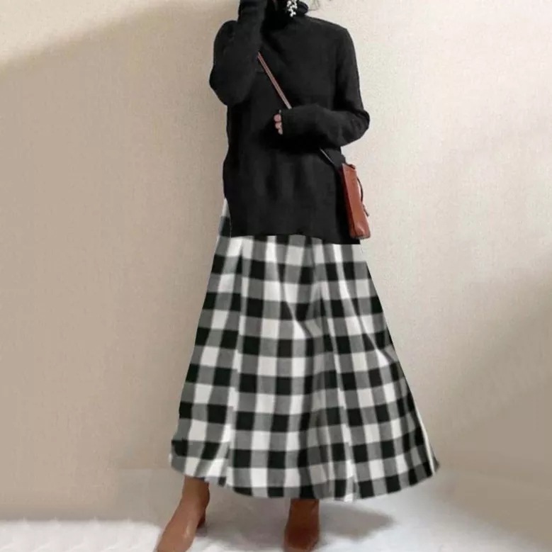 【大人可愛い】 大人気 売れ筋 ハイネック 切り替え チェック柄 ロング ロングワンピース