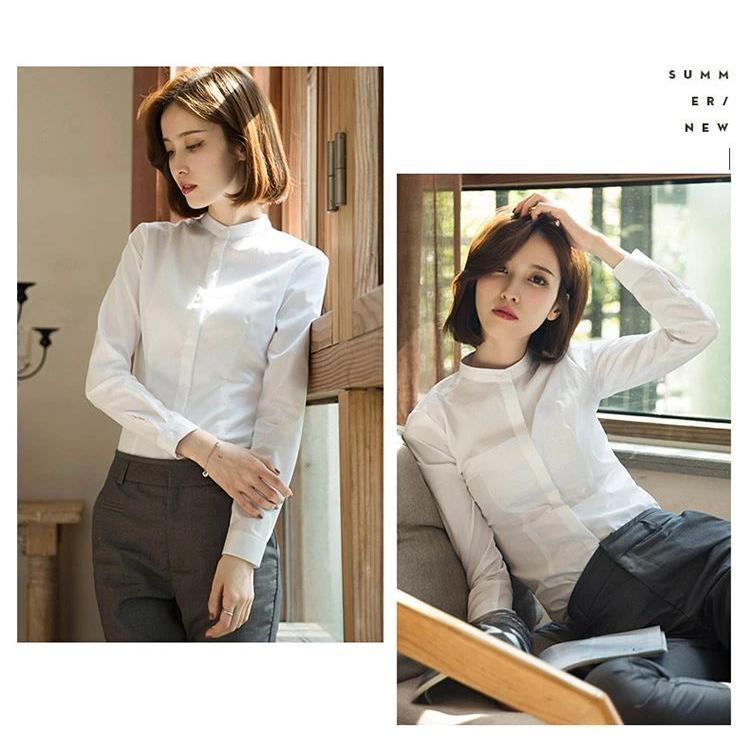 夏新作シャツ 長袖シャツ レディース フォーマル トップス デザイン 無地 おしゃれ 白 ホワイト グレー ブラック サイズお揃い スタンドカラー 折り襟 通勤 OL