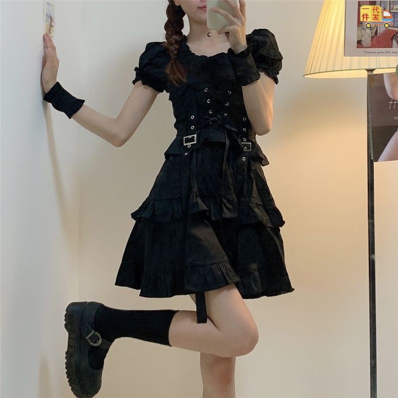 超歓迎された Retro Lolita Girl Dark Spring Cake Ban Waist Dress コスプレ・変装・仮装