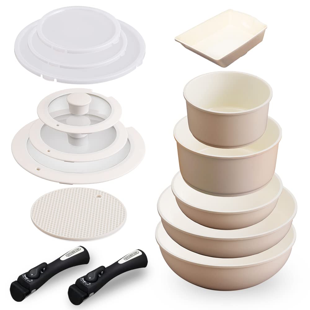 【時短・省エネ】 アイリスオーヤマ 取っ手のとれる フライパン 鍋 14点セット IH ガス火対応 26cm 20cm コンパクト収納 軽量 セラミックカラーパン ベージュ CC-SE14NP